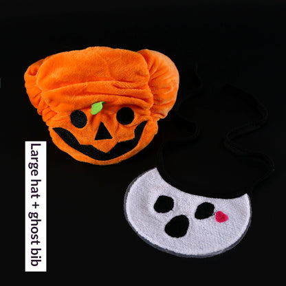 Pumpkin Hat & Ghost Bib Set for Cats and Dogs – Halloween Pet Costume Headwear with Bandana