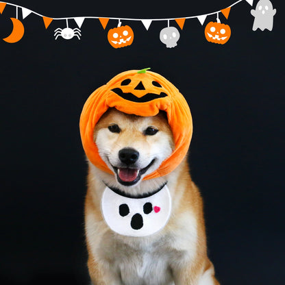 Pumpkin Hat & Ghost Bib Set for Cats and Dogs – Halloween Pet Costume Headwear with Bandana