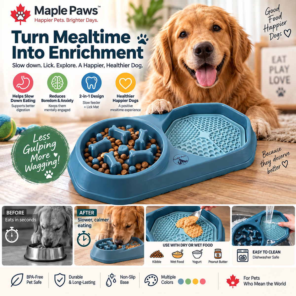 Maple Paws Slow Feeder Dog Bowl with Lick Mat – 2-in-1 Interactive Anti-Choking Slow Down Eating Bowl, Non-Slip, Dishwasher Safe, BPA-Free (Multiple Colors)