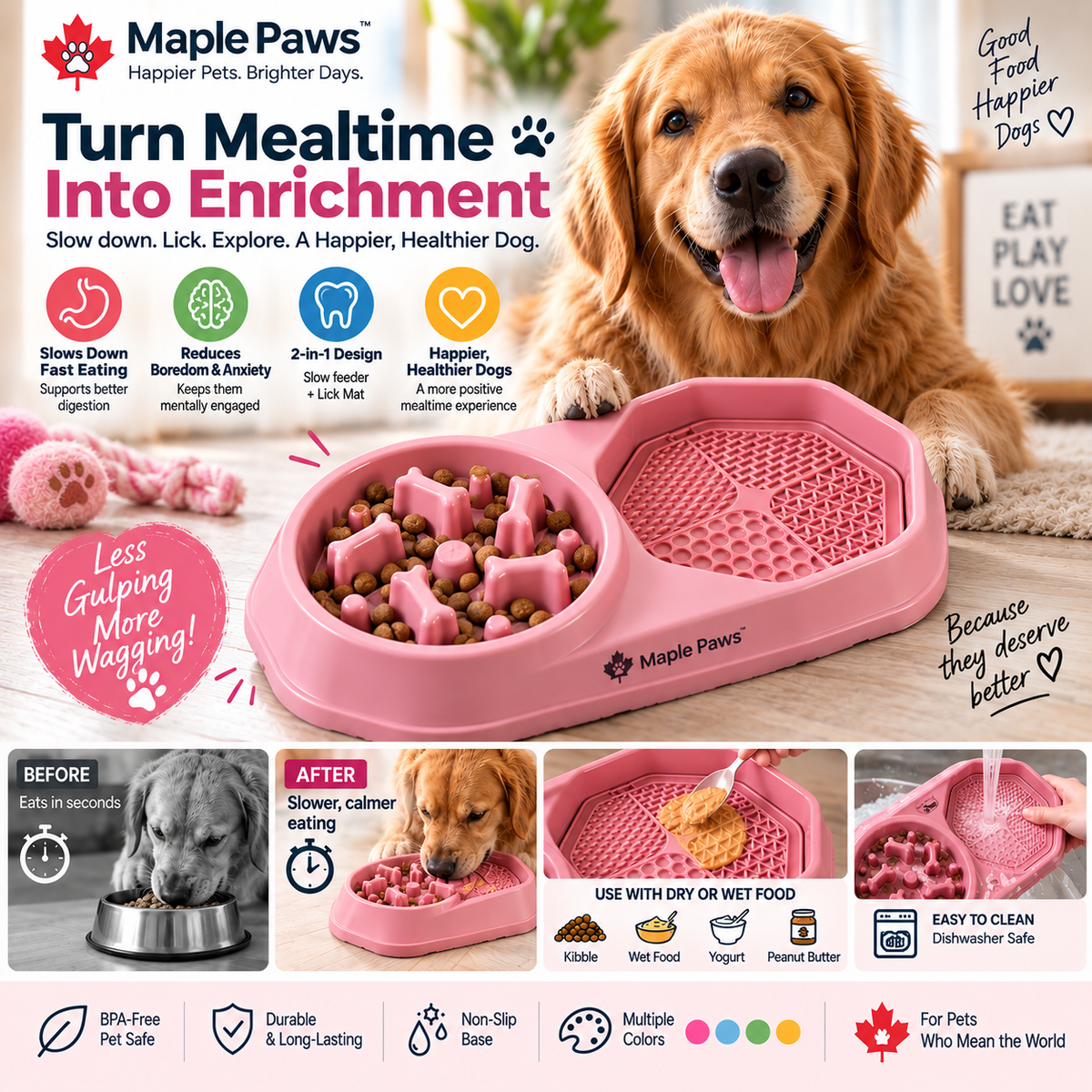 Maple Paws Slow Feeder Dog Bowl with Lick Mat – 2-in-1 Interactive Anti-Choking Slow Down Eating Bowl, Non-Slip, Dishwasher Safe, BPA-Free (Multiple Colors)