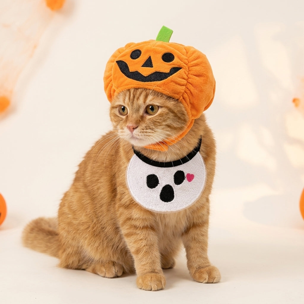 Pumpkin Hat & Ghost Bib Set for Cats and Dogs – Halloween Pet Costume Headwear with Bandana