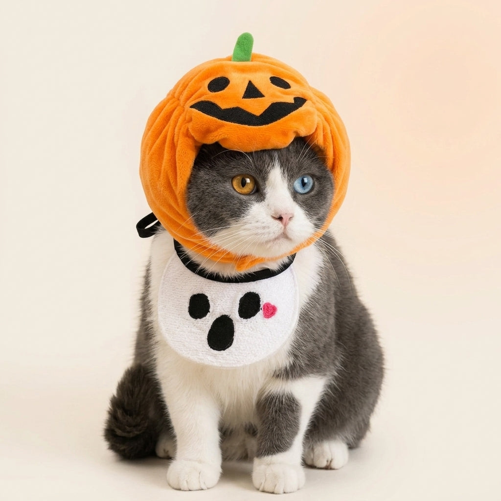 Pumpkin Hat & Ghost Bib Set for Cats and Dogs – Halloween Pet Costume Headwear with Bandana