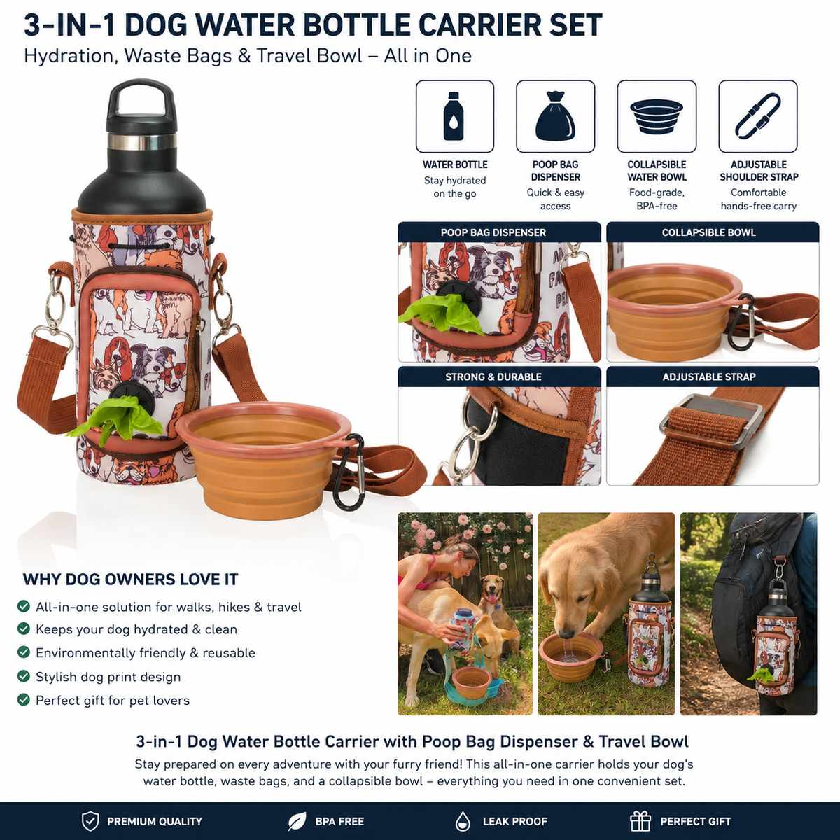 3-in-1 Dog Water Bottle Carrier with Collapsible Bowl & Poop Bag Dispenser – Portable Pet Hydration Travel Set